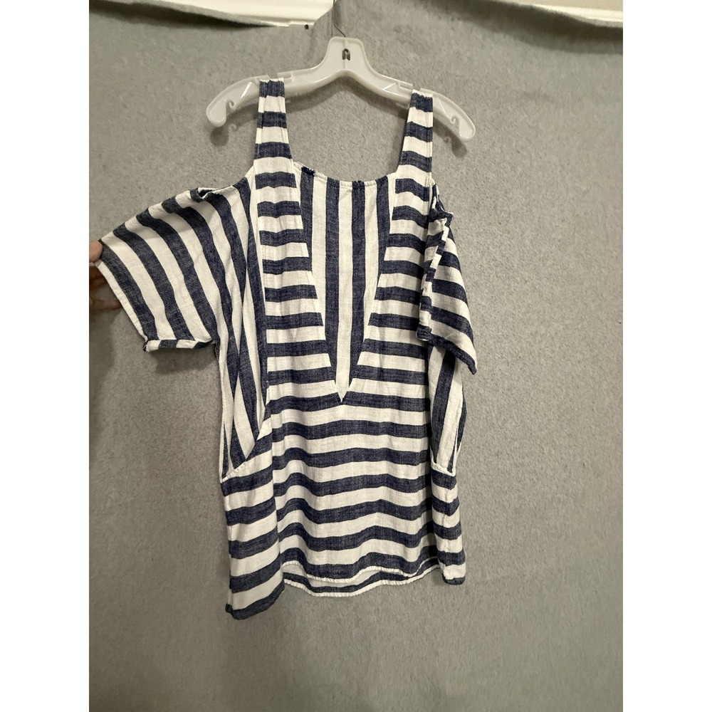 Soft Surroundings Blouse Womens L Blue Striped Cold Shoulder Tunic Top Pockets